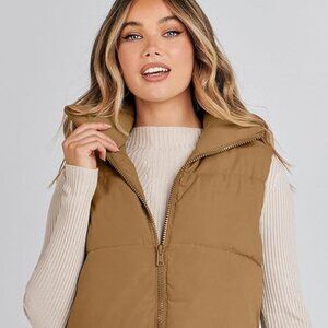 Merokeety Women's Puffer Vest XL Khaki Tan Cropped Vest